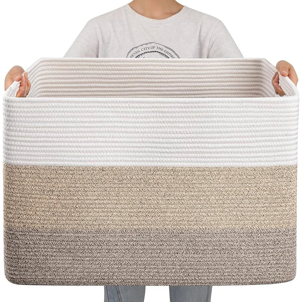 Large Cotton Rope Storage Basket Blanket Toy Organizer Woven Basket with Handles Living Room Nursery Bedroom Laundry