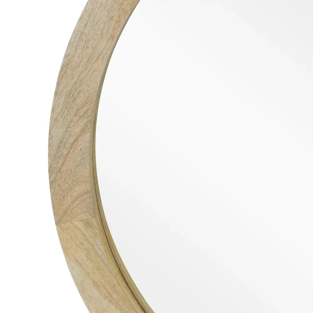 Modern Round Mirror Mango Wood Frame No Assembly Handcrafted Wall Decor Home Accent Reflective Surface Durable Design