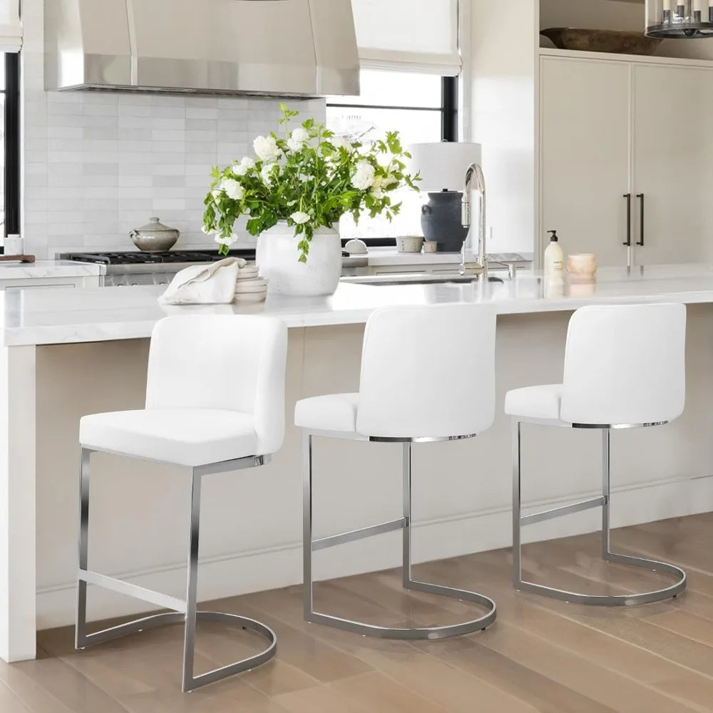 Counter Height Bar Stools Set of 3, Modern 26" Counter Stools with Back and C-Shaped Metal Frame, Upholstered Faux Leather