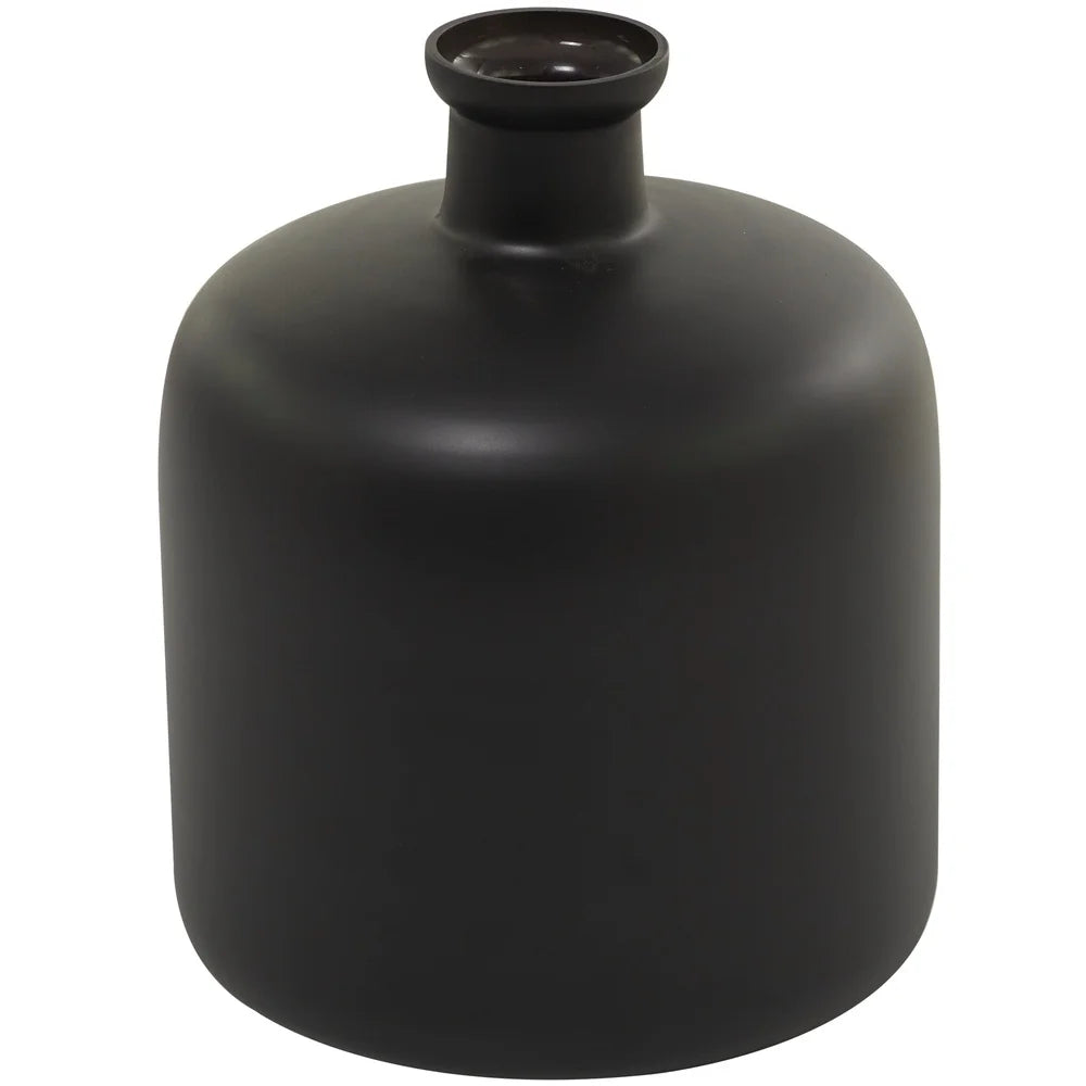 Modern Black Glass Vase 12 inch Drum Shape Decorative Flower Holder Minimalist Design Home Indoor Accent Piece Durable Opaque