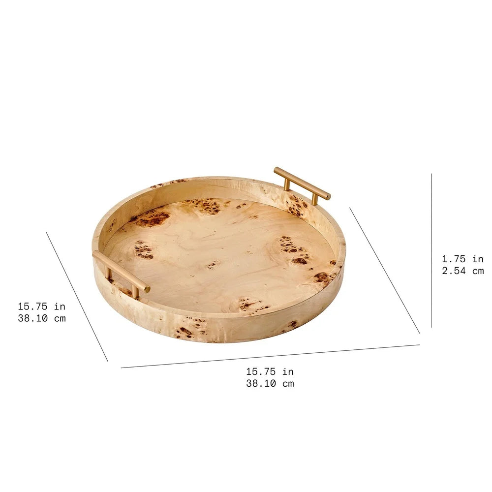 Round Burlwood Serving Tray with Gold Handles Lightweight Accent Piece Drinks Appetizers Home Decor 15.75 Inch