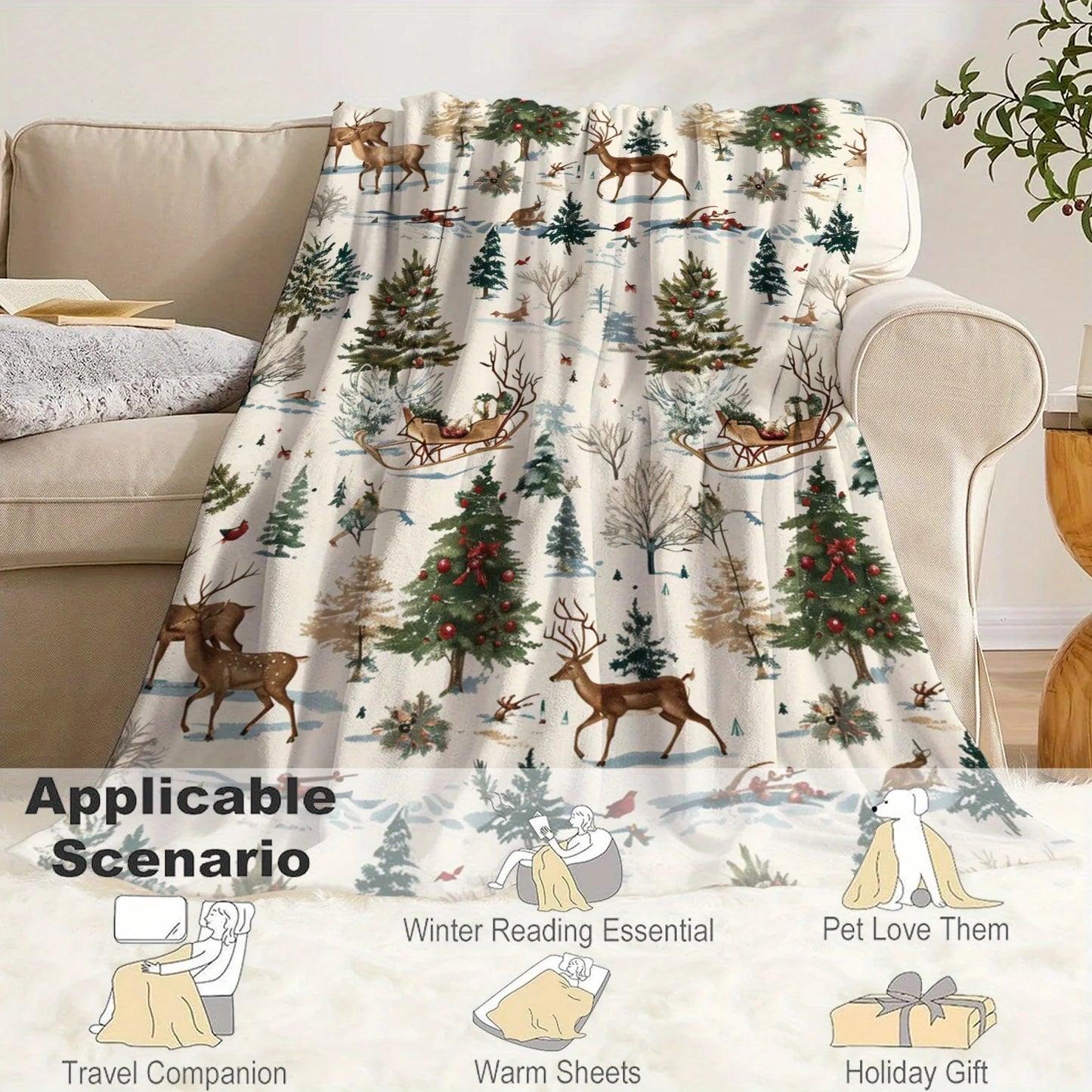 Cozy Christmas-Themed Flannel Throw Blanket - Soft, Lightweight & Warm for All Seasons - Perfect for Bed, Sofa, Office, Camping