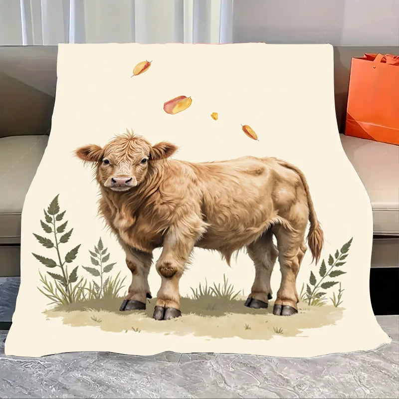 1pc Flannel Blanket Autumn Highland Cattle Blanket - Cozy Fall Farmhouse Style Throw