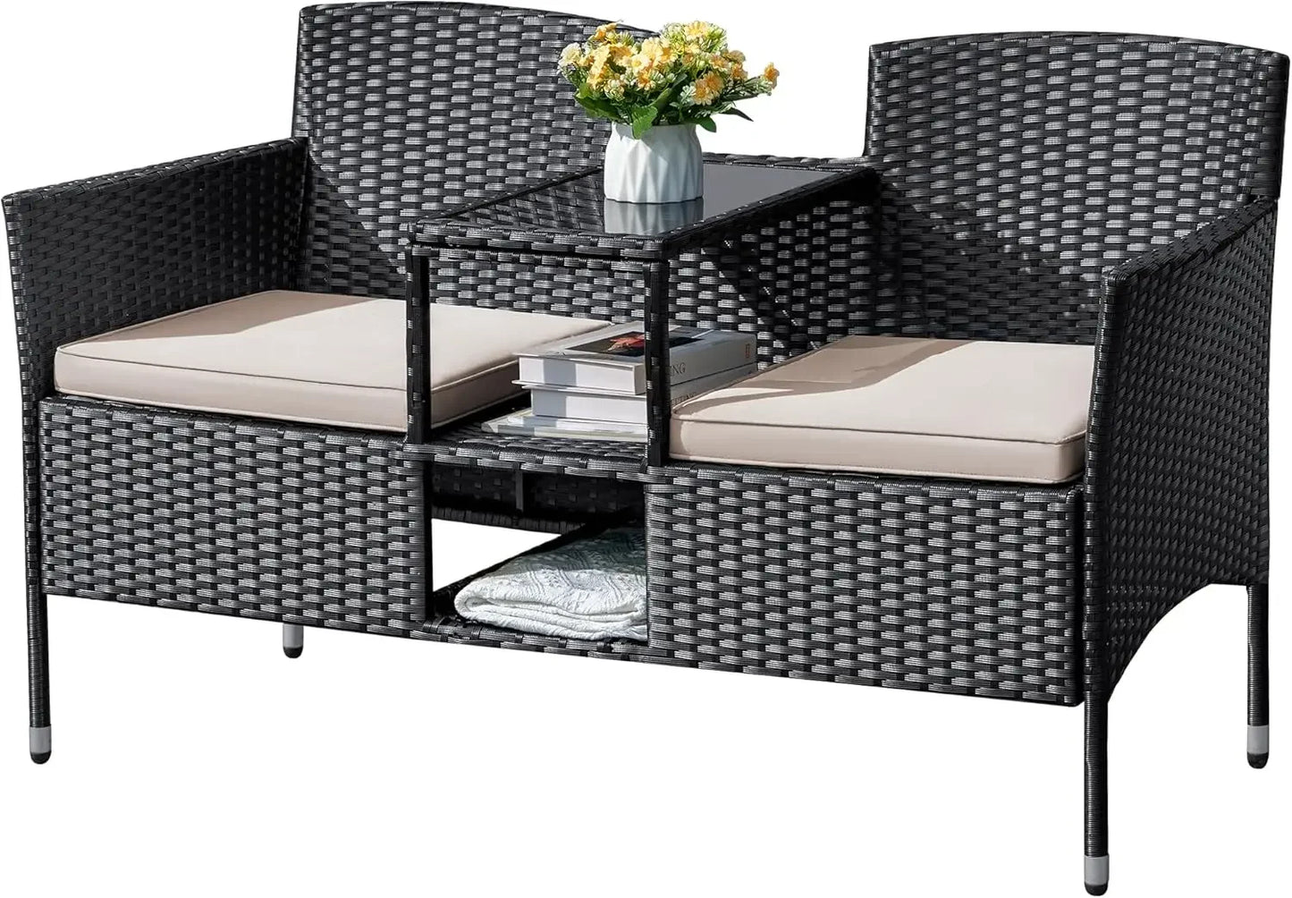 Outdoor Furniture Patio Loveseat Wicker Seat with Built-in Table and Cushions Rattan Porch Chairs Bench for Balcony, Lawn