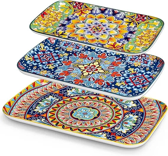 Rectangular Serving Platters Set, 3-Piece, Sizes 16", 14", 12" - Large Bohemian Ceramic Dishes