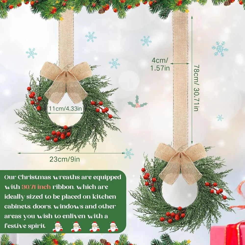 Artificial Greenery Mini Christmas Wreaths - 12 Pack, 9 Inch Small Kitchen Cabinet Decorations with Plaid Bow Ribbons, Hanging H