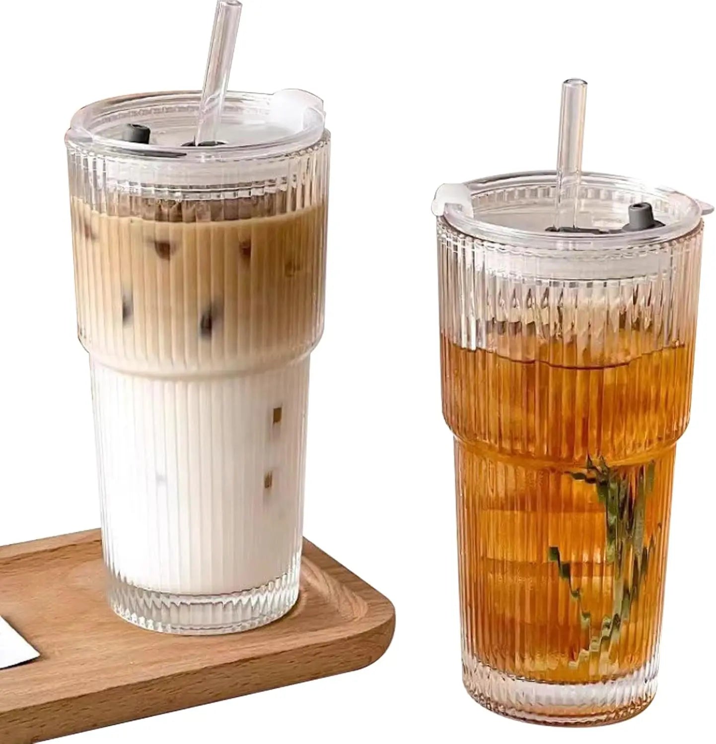 20oz Iced Coffee Cup with Lids, 2 Pack Clear Glass Tumbler with Straw & Lid, Ribbed Glassware Cups, Dishwasher Safe Drinking Gla
