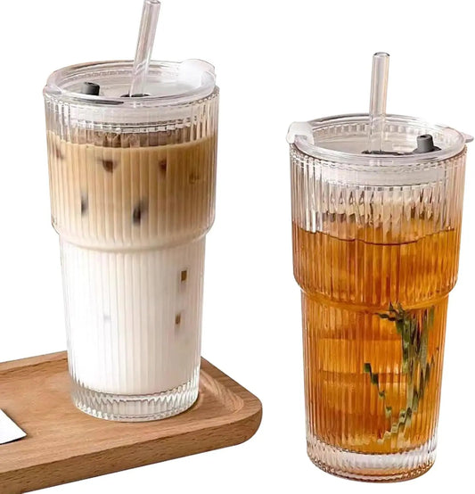 20oz Iced Coffee Cup with Lids, 2 Pack Clear Glass Tumbler with Straw & Lid, Ribbed Glassware Cups, Dishwasher Safe Drinking Gla