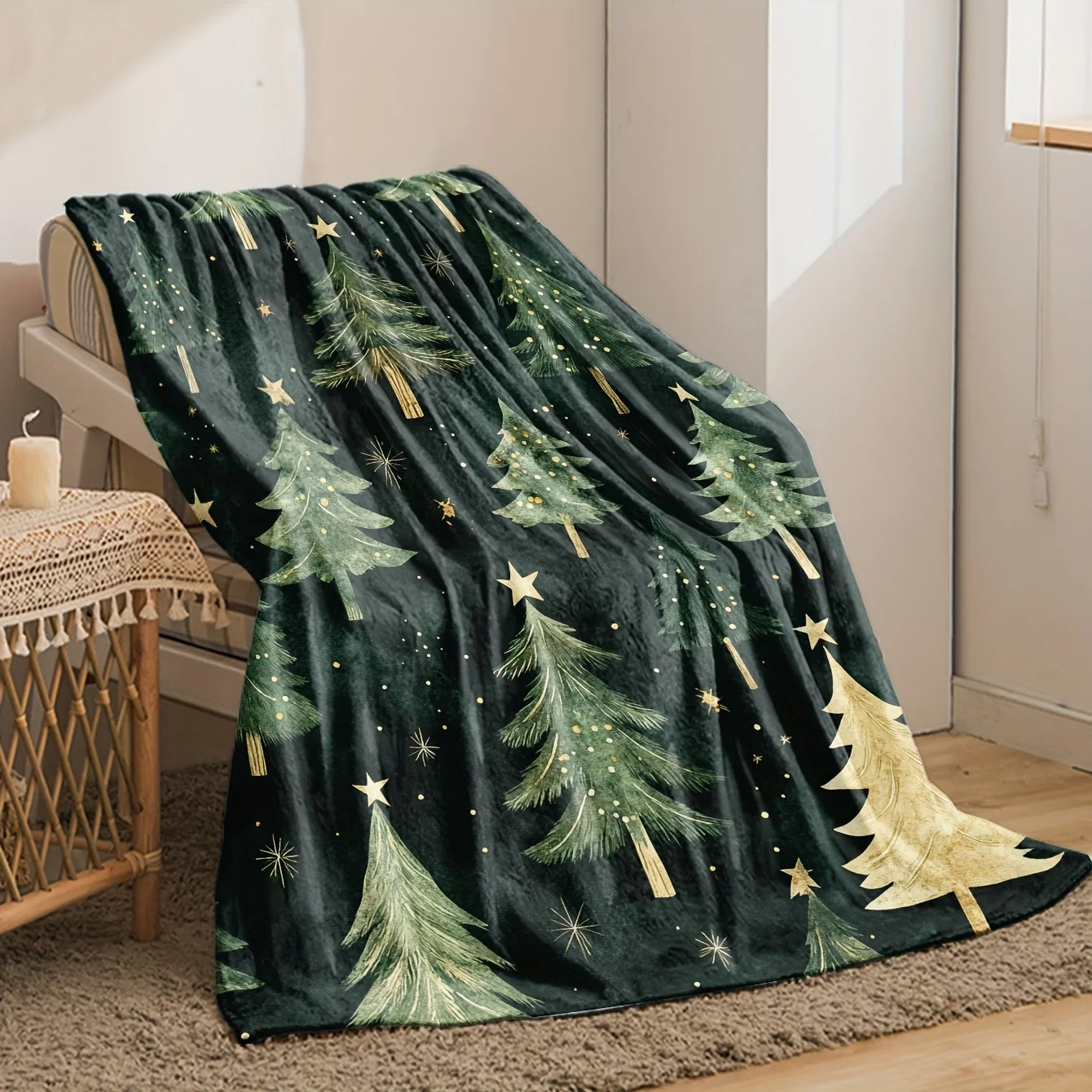 1pc Flannel Fleece Throw Blanket, Green Christmas Tree Print, Soft Warm Comfort for Sofa Bed Office, All-Season Anti-Allergen