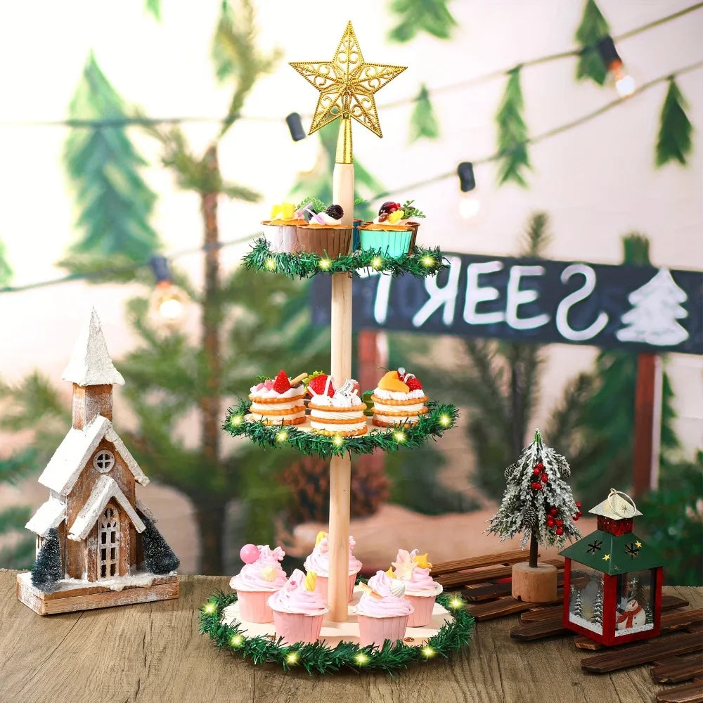 23.6" Wooden Christmas Tree Tiered Tray Decor Set with Golden Star & Garland, Holiday Table Centerpiece, Farmhouse Xmas Decor