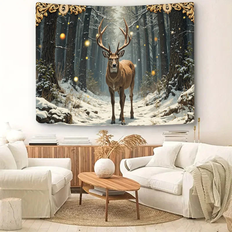 1pc Wall Tapestry "Enchanted Forest Deer Tapestry - Winter Wonderland Wall Art"