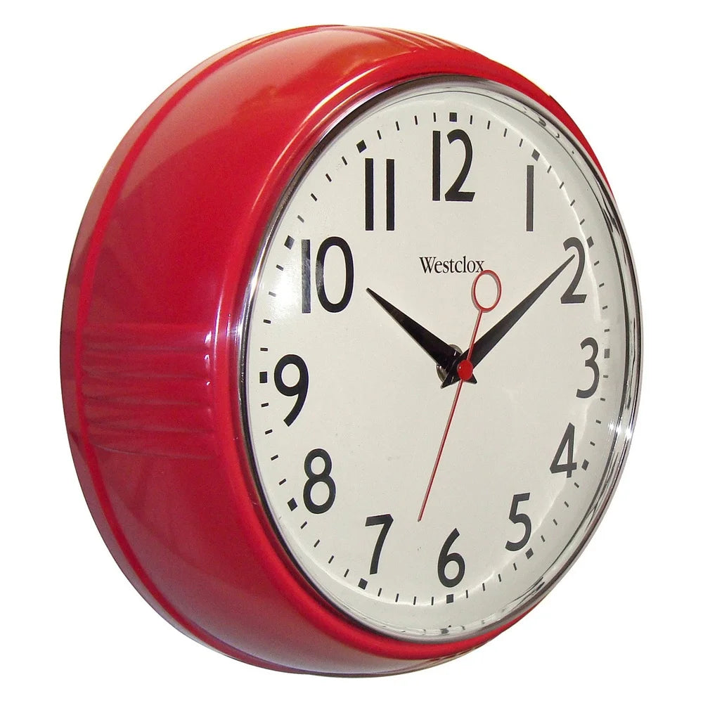 Retro 9.5 Inch Analog Quartz Wall Clock Convex Glass Lens Red Finish Chrome Trim Easy Read Dial Kitchen Decor
