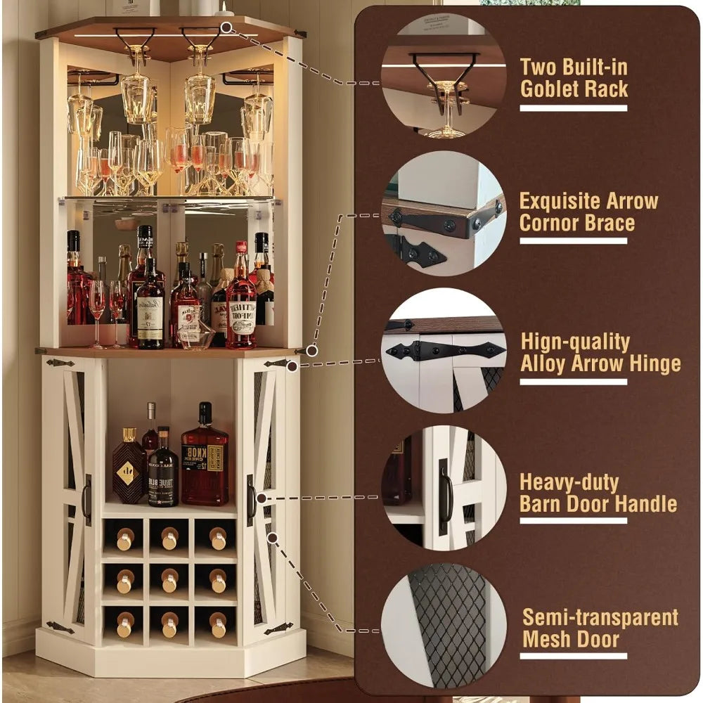 Corner Bar Cabinet Wine Bar Cabinet w/LED Lights & Glass Rack,Wine Cabinet,Coffee Station and Microwave Stand