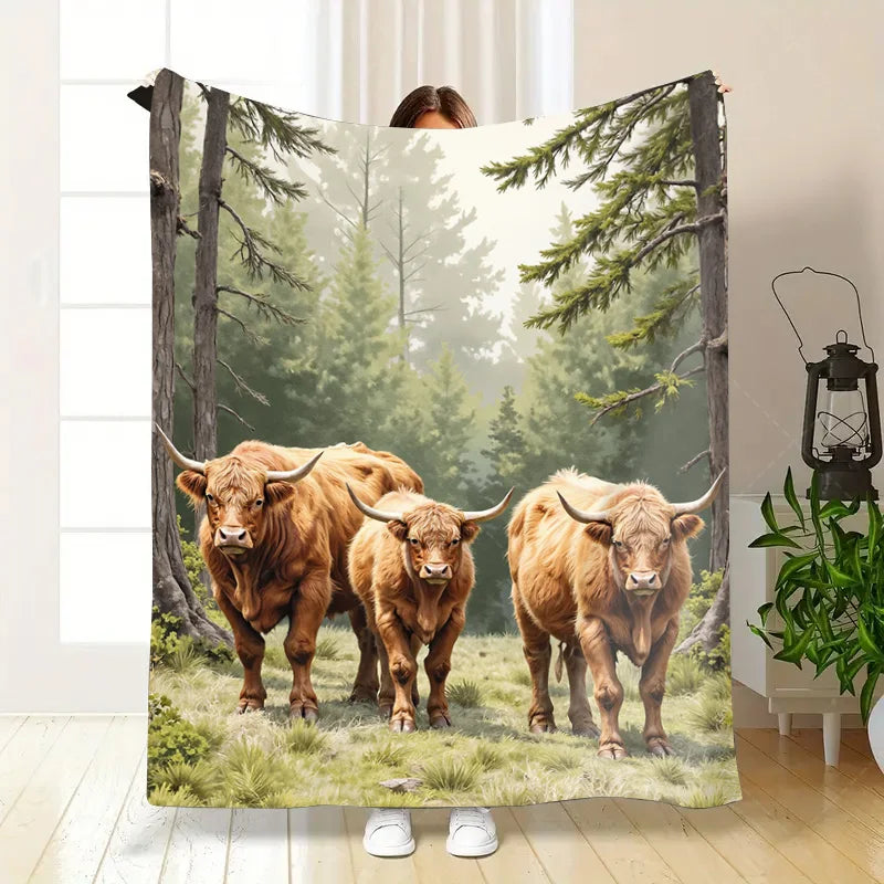 1pc Flannel Blanket Rustic Highland Cattle in Forest Scenic Blanket - Cozy Cabin Style Throw
