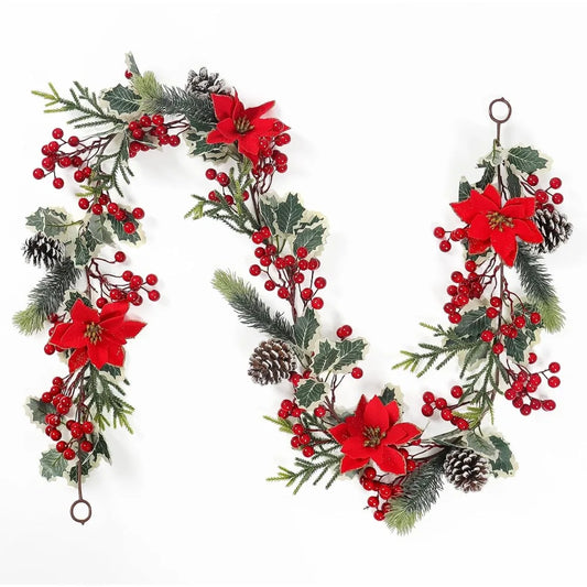 6FT Red Berry Christmas Garland,Artificial Berries Garland with Pine Cones,Poinsettia Flowers and Holly Leaves,Poinsettia Chris