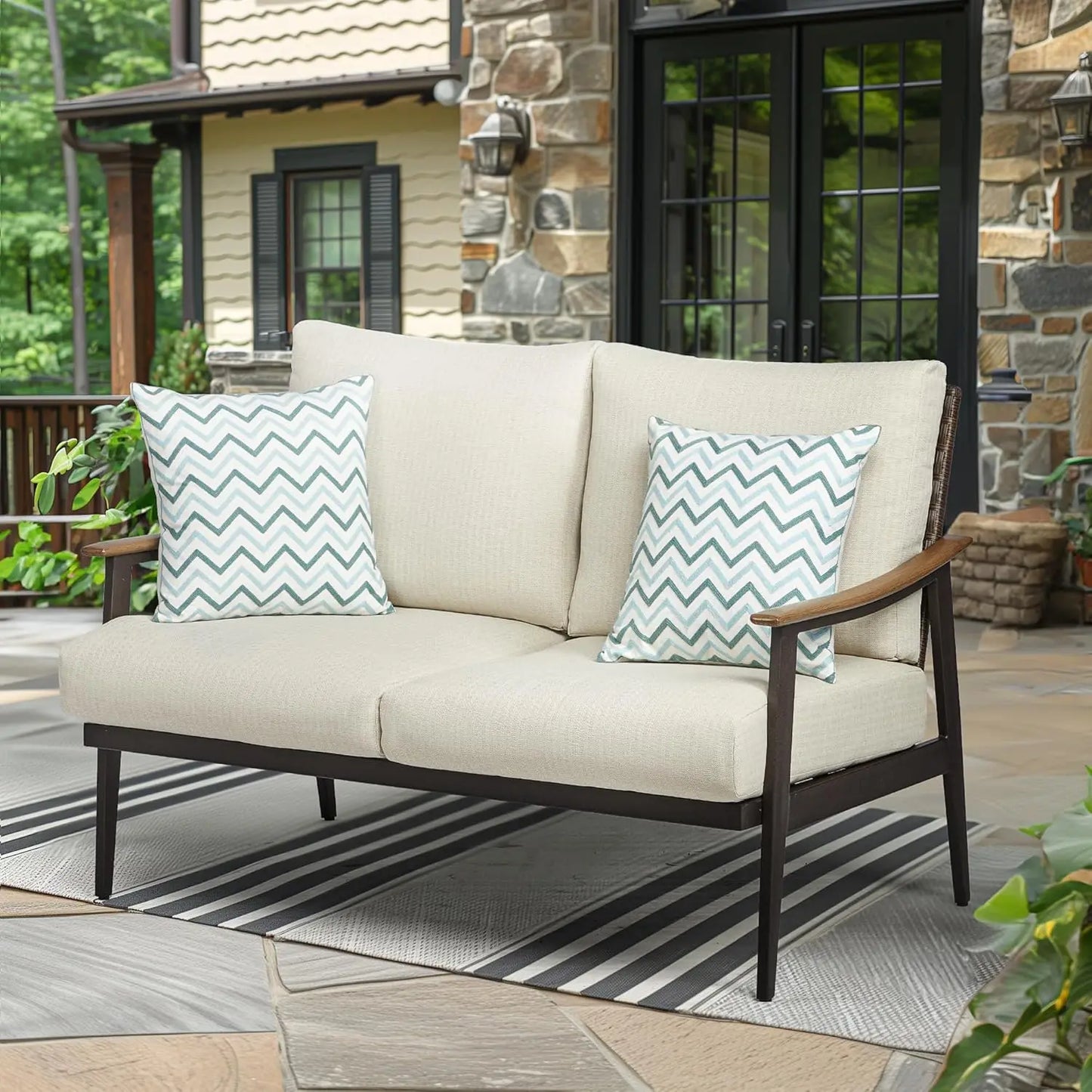 Patio Sofa Outdoor Furniture Metal Chair with Wicker Backrest & 6 Inches Cushion for Indoor, Front Porch, Deck,Balcony, Backyard