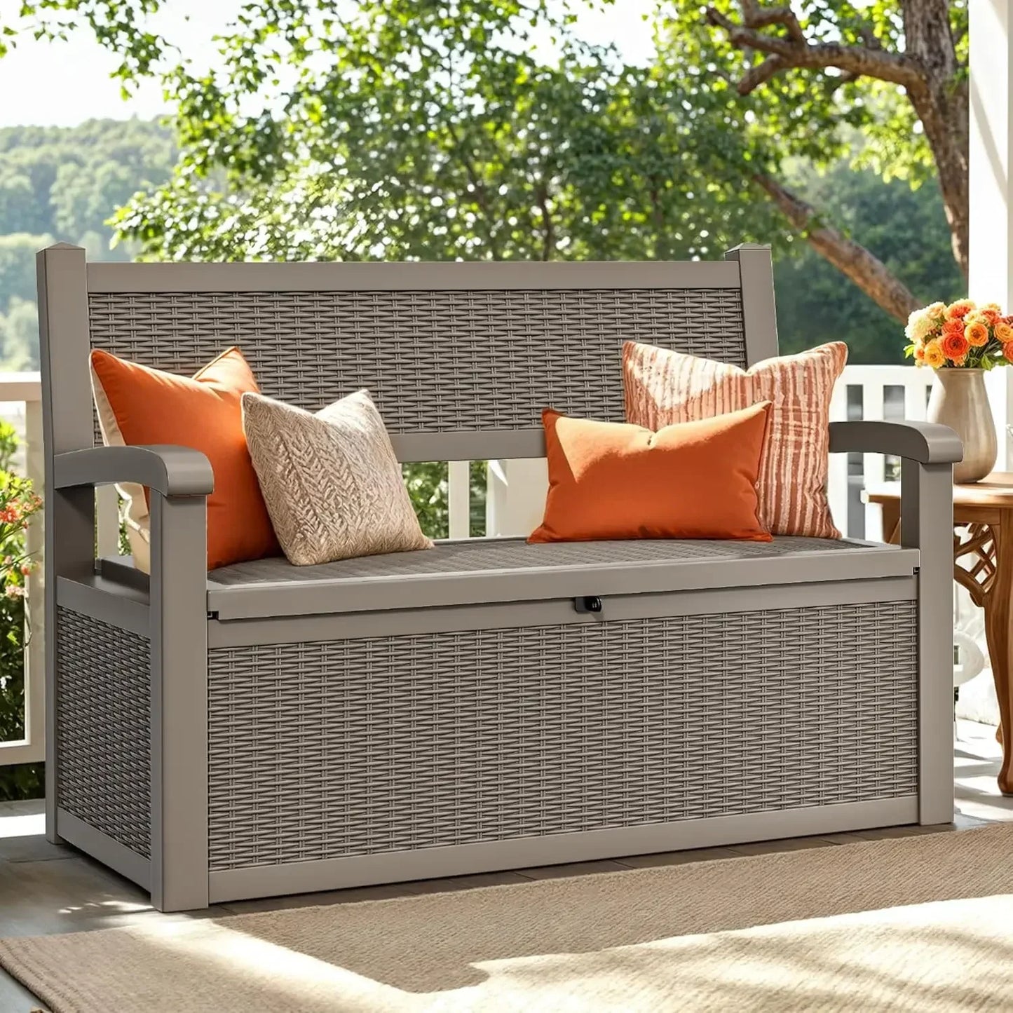 (XMSJ)70 Gallon Storage Bench Deck Box, Lockable Patio Bench, Waterproof Outdoor Pool   for  Cushions, Garden To