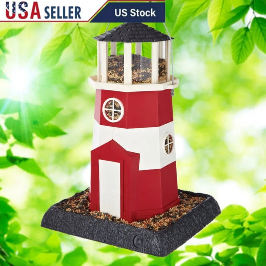 Hopper Bird Feeder Nautical Lighthouse Design Squirrel Proof Removable Tray Easy Clean Hanging or Pole Mounted 8 lb Capacity