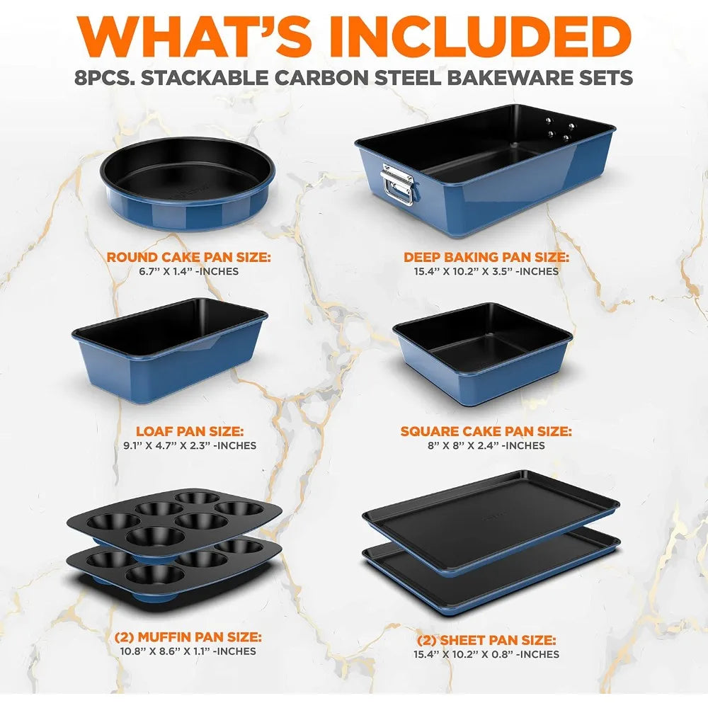 NutriChef 8-Piece Nonstick Stackable Bakeware Set - PFOA, PFOS, PTFE Free Baking Tray Set w/Non-Stick Coating, 450°F Oven Safe,