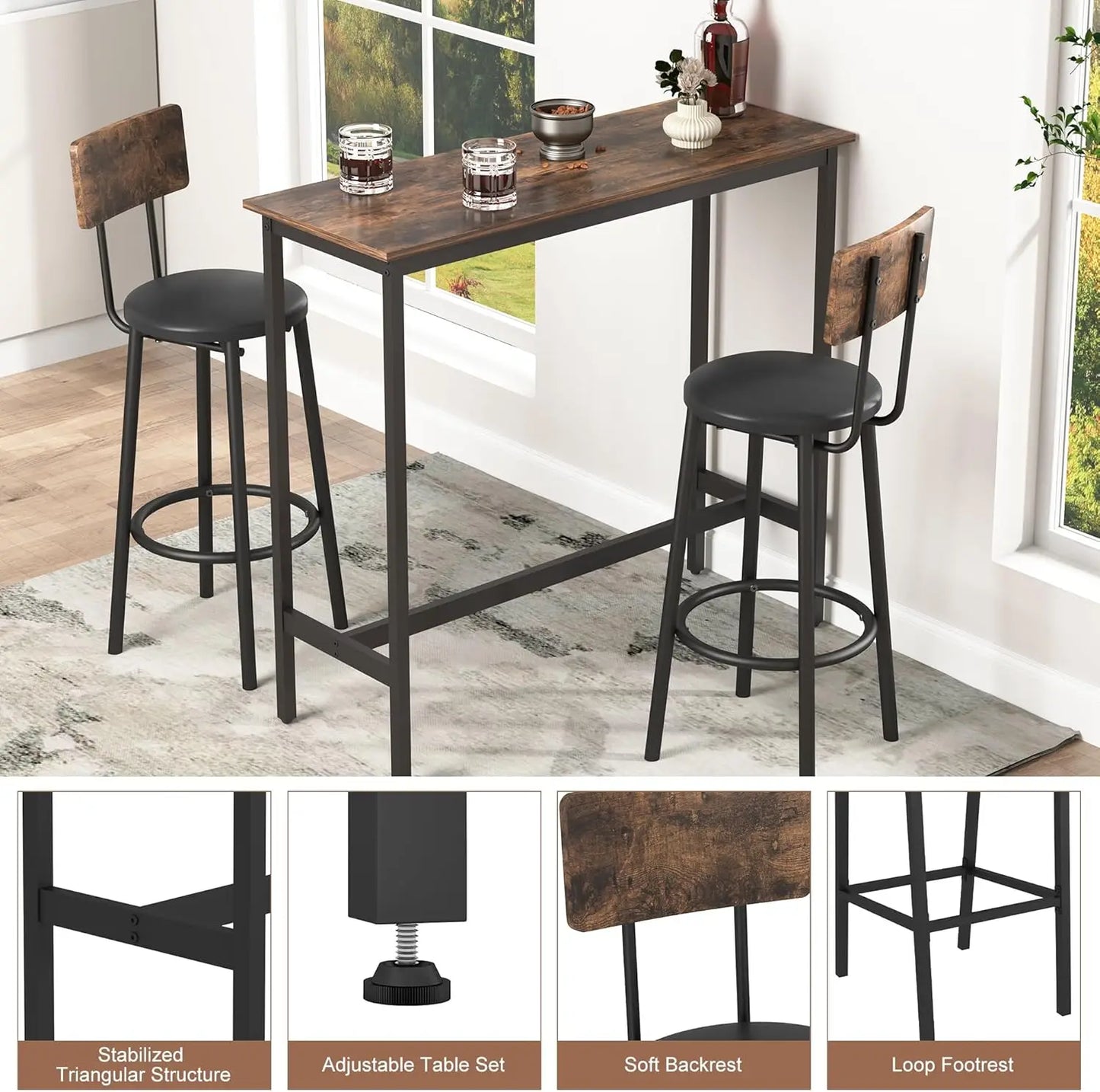 Bar Table and Chairs Set, Counter Height Dining Table & 2 PU Upholstered Stools with Backrest, Industrial 3 Piece Breakfast Bar