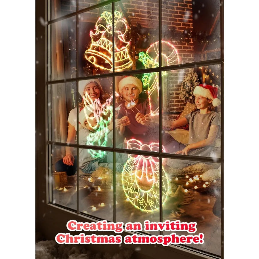 Christmas Window Silhouette Lights Decorations Pack of 4 Sign Colour Lighted Wreath Candy Cane Bell and Angel for Holiday Indoo