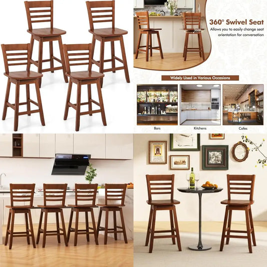 Set of 4 Swivel Bar Stools, 24.5 Inch Counter Height Chairs with Hollow Backrests and Contoured Seats, Including Footrests for K