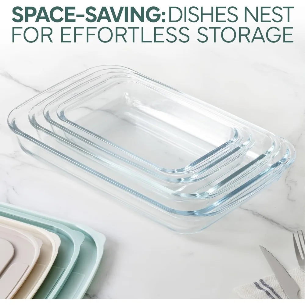8-piece deep glass baking dish set with plastic lids – casserole and food storage containers for lasagna, leftovers – freezer-t