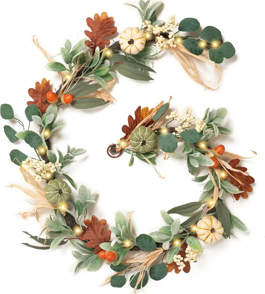 Autumn Wreath Artificial Maple Leaf White Pumpkin Door Wreath Fall Garland For Halloween Thanksgiving Hanging Ornaments