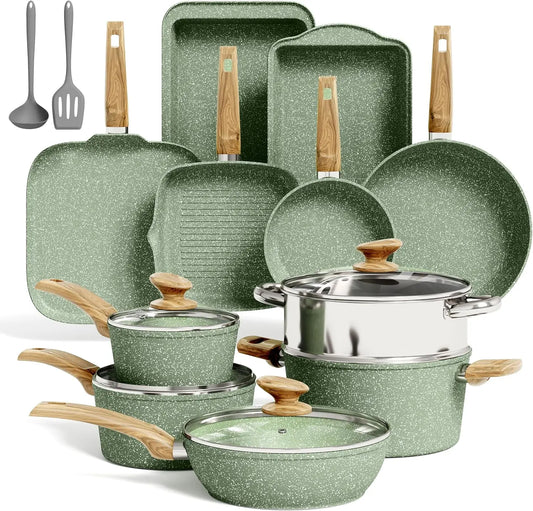 17Pcs Sage Green Pots and Pans Set Non Stick, Induction Kitchen Cookware Sets, Nonstick Granite Cooking Pans Set with PFOA&PFOS