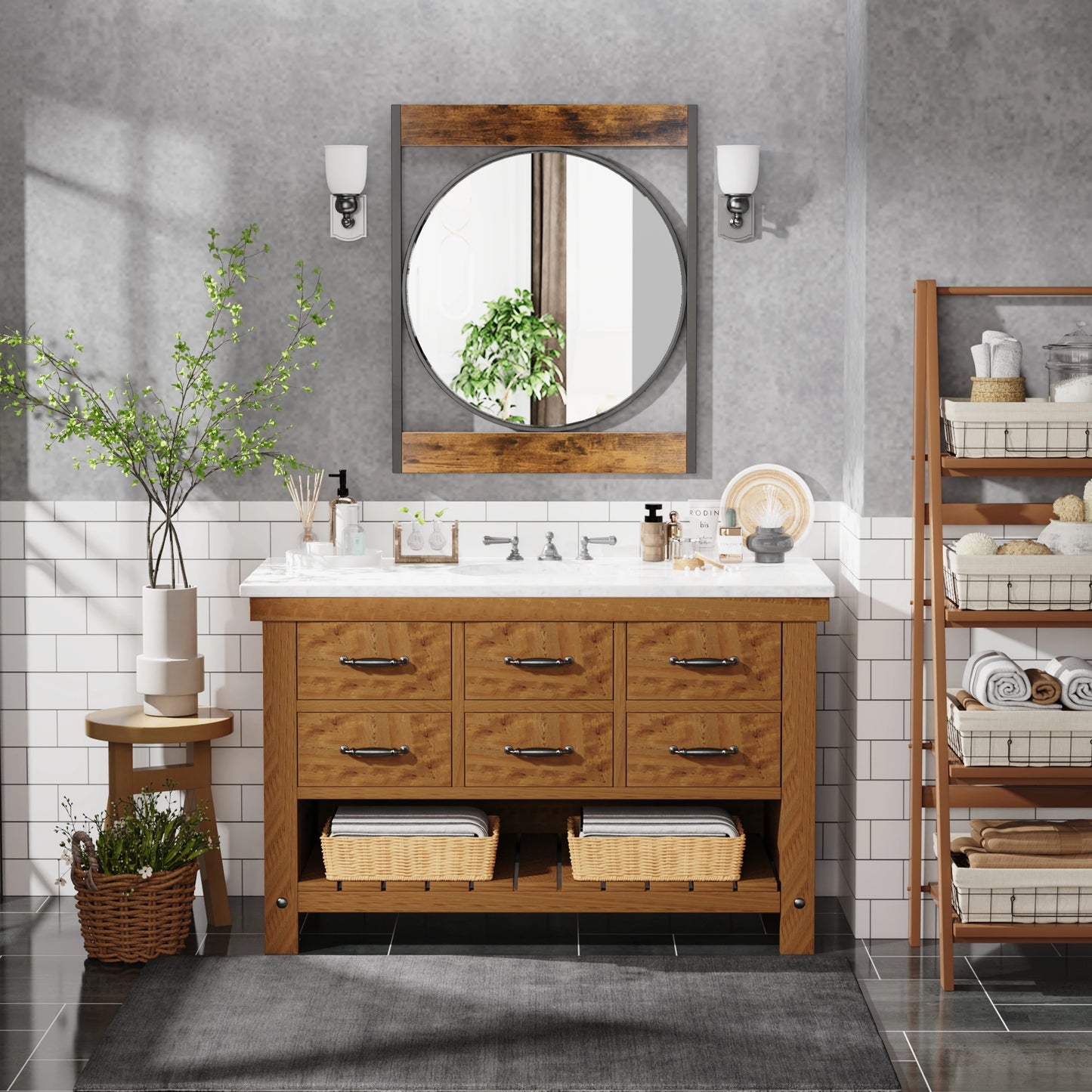 Rectangle Metal Wood Frame Wall Mirror for Bathroom Living Room Decorative Mirror Entryway Accent Mirror