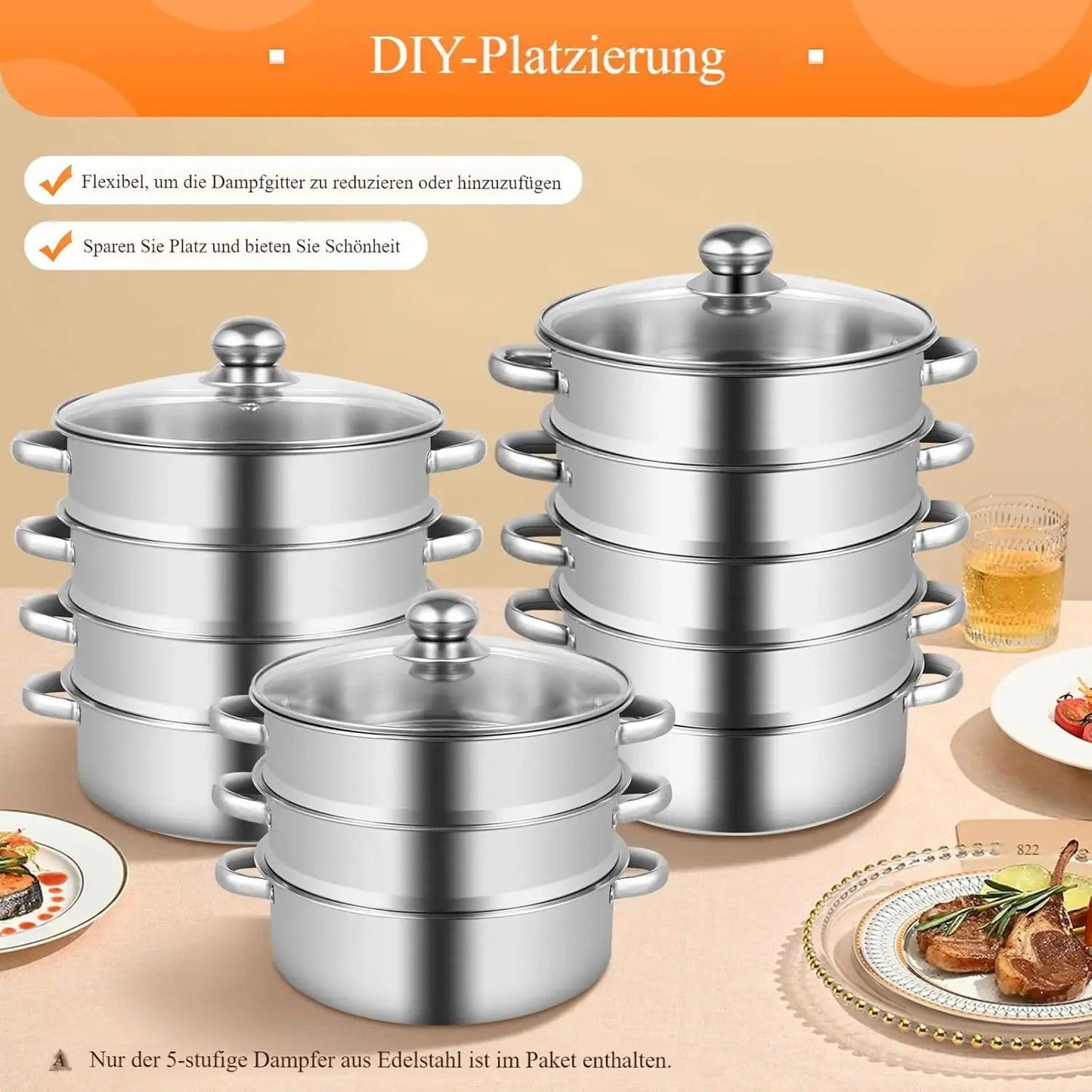5 Tier Stainless Steel Steamer Cooker Steam Pot Kitchen Food Cooking with Glass Lid