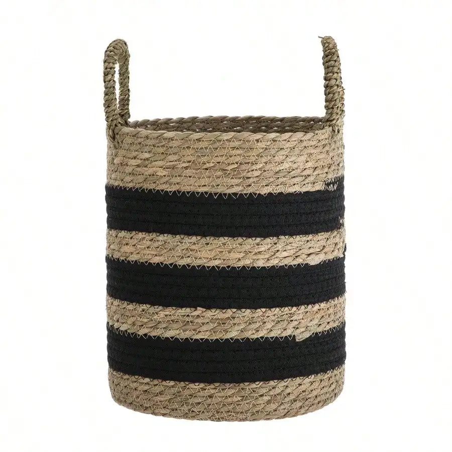 11 Black and Natural Striped Basket with Handles for Kitchen Storage Living Room Decor Rustic Style Handmade Woven Baskets