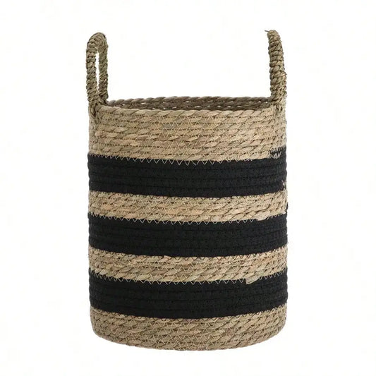 11 Black and Natural Striped Basket with Handles for Kitchen Storage Living Room Decor Rustic Style Handmade Woven Baskets