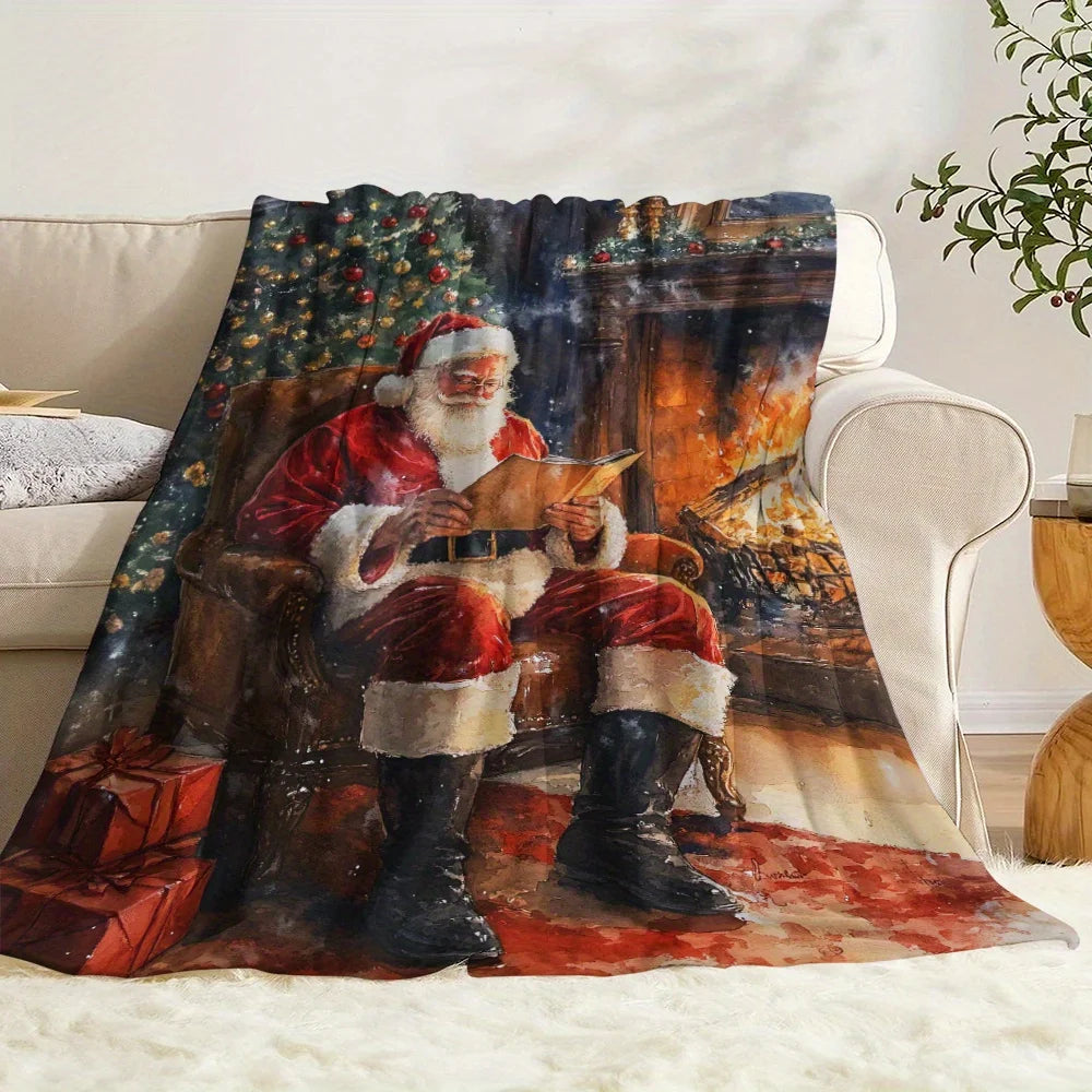 Cozy Christmas Flannel Throw Blanket - Santa Claus, Holly Berries & Gift Box Design | Soft & Warm for Naps, Camping, Travel