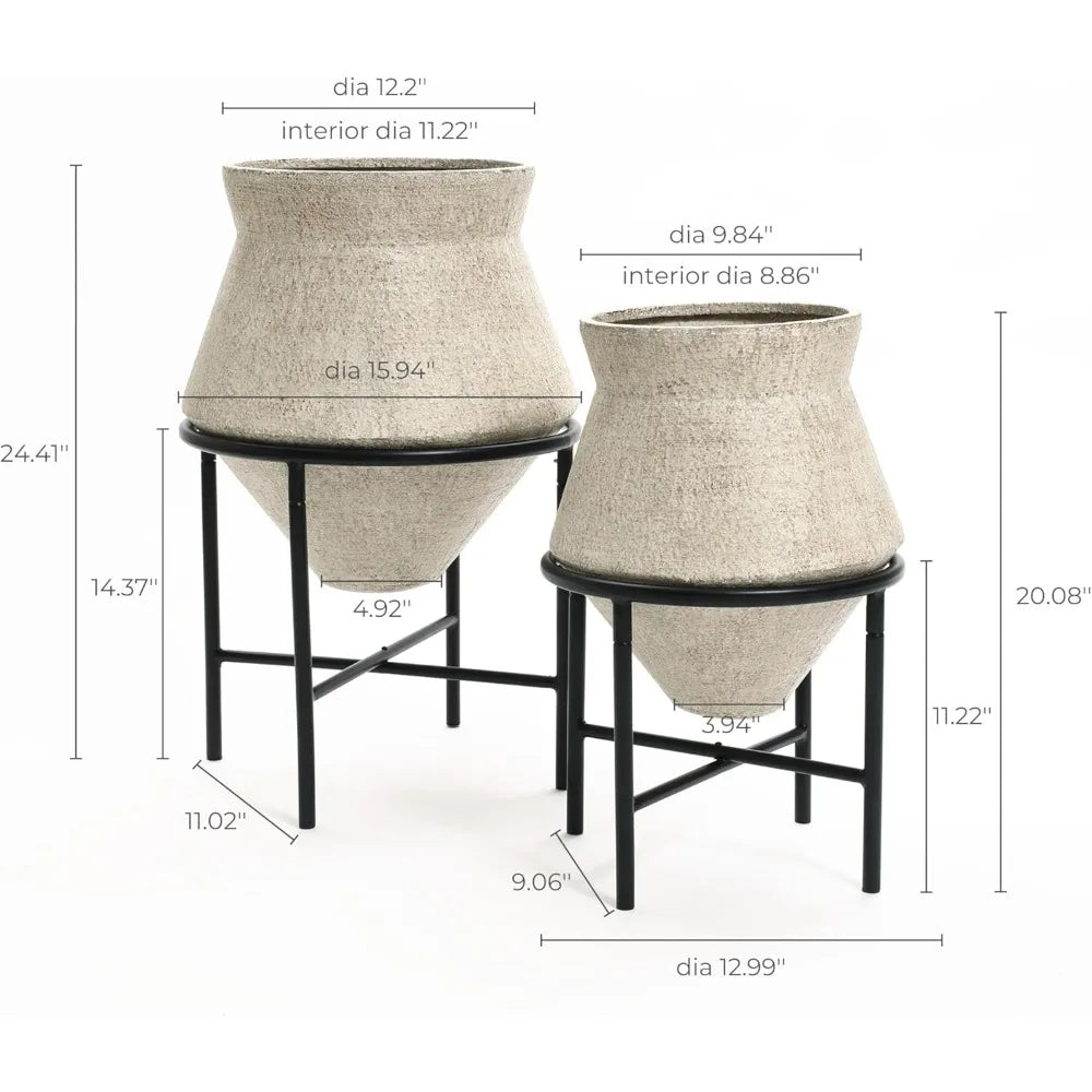 LuxenHome Planters for Indoor Plants, Set of 2 Indoor Plant Pots, Novelty Decorative Planters with Black Metal Stands, Distresse