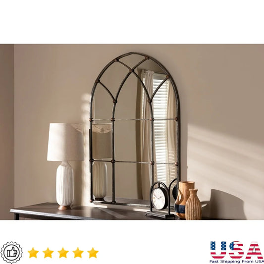 Vintage Farmhouse Arched Window Accent Wall Mirror Antique Silver Finished Metal Frame Wall Mountable Fully Assembled Home Decor