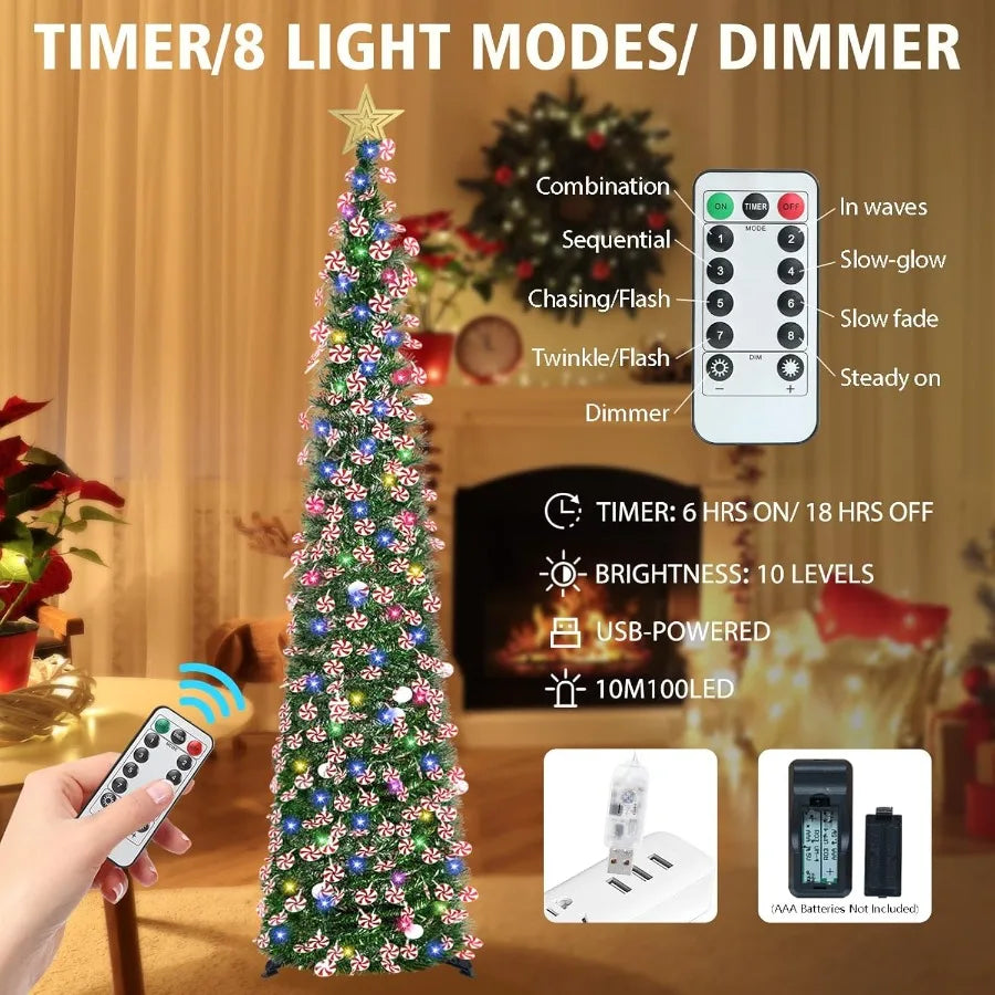 6 FT Pop Up Tinsel Christmas Tree with 100 Colored Timer Lights Remote Control Green Candy Collapsible Artificial Pencil Tree f