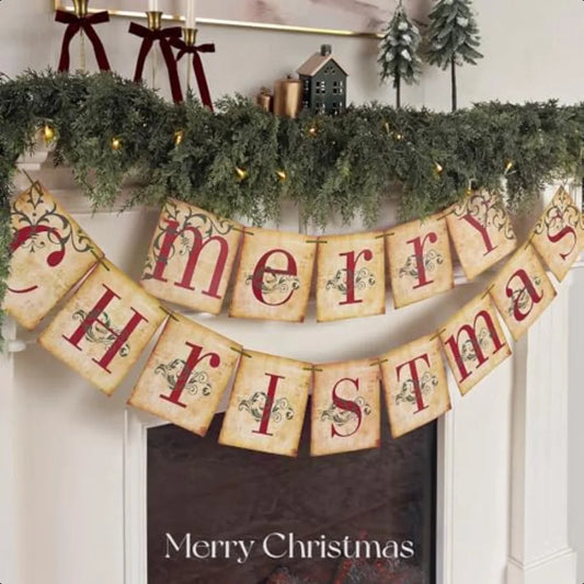 Christmas Decorations  Merry Christmas Banner Retro Nostalgic Traditional Old Fashioned Victorian Xmas Holiday Clearance Decor