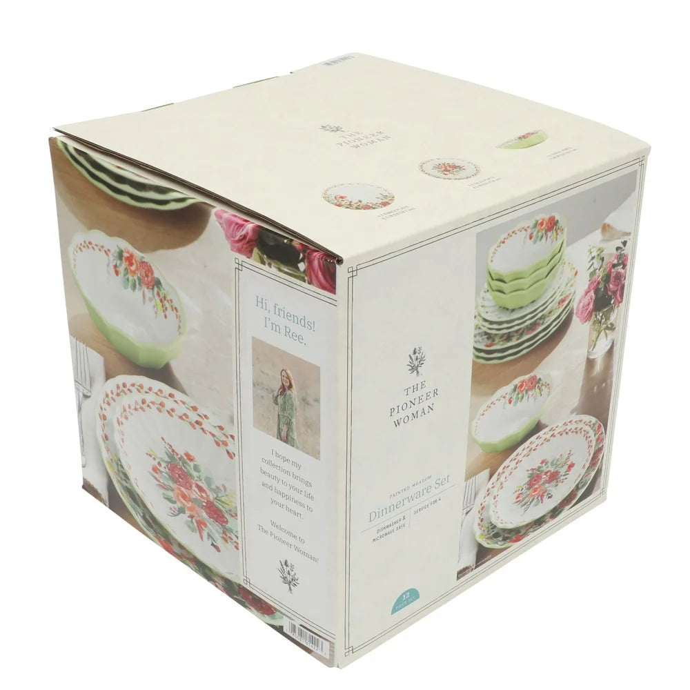 Painted Meadow 12-Piece Ceramic Dinnerware Set Vibrant Floral Dinner Plates Salad Bowls Vintage Inspired Dishwasher Safe Durable