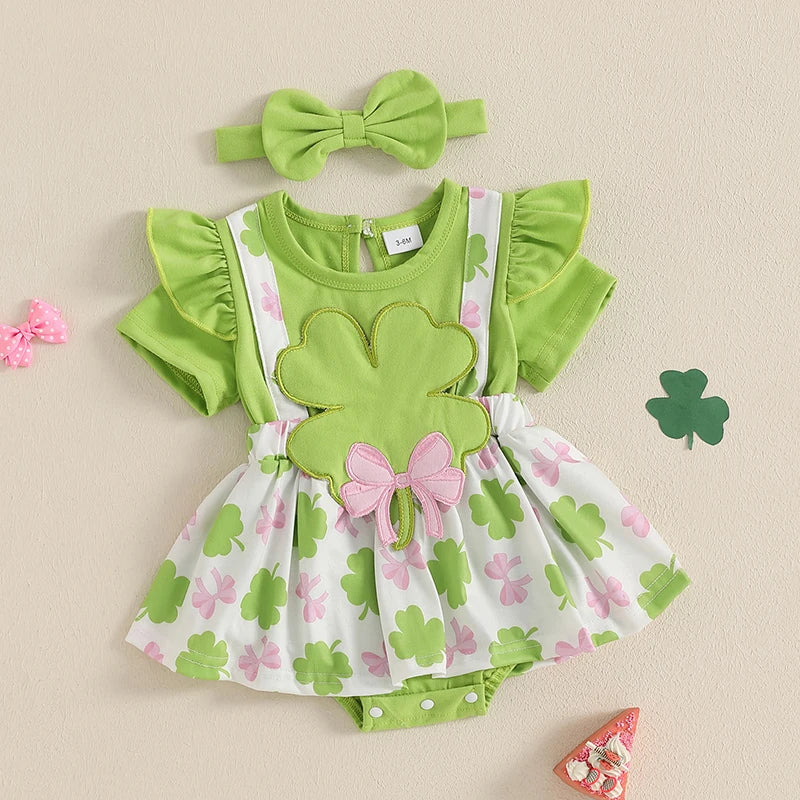 St Patrick s Day Baby Girl Outfit Shamrock Print Romper Dress with Bow Headband and Ruffled Skirt Hem Infant
