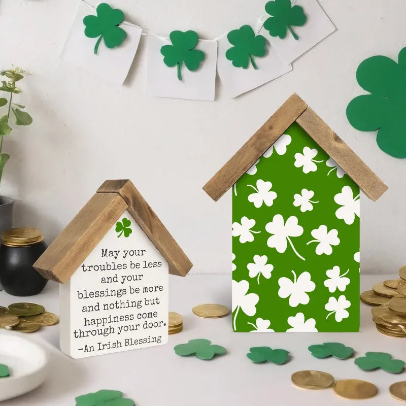 St Patricks Day Decorations for Home, Set of 2 Wooden Shamrocks Irish Blessing Sign, Indoor Saint Patricks March Table Shelf