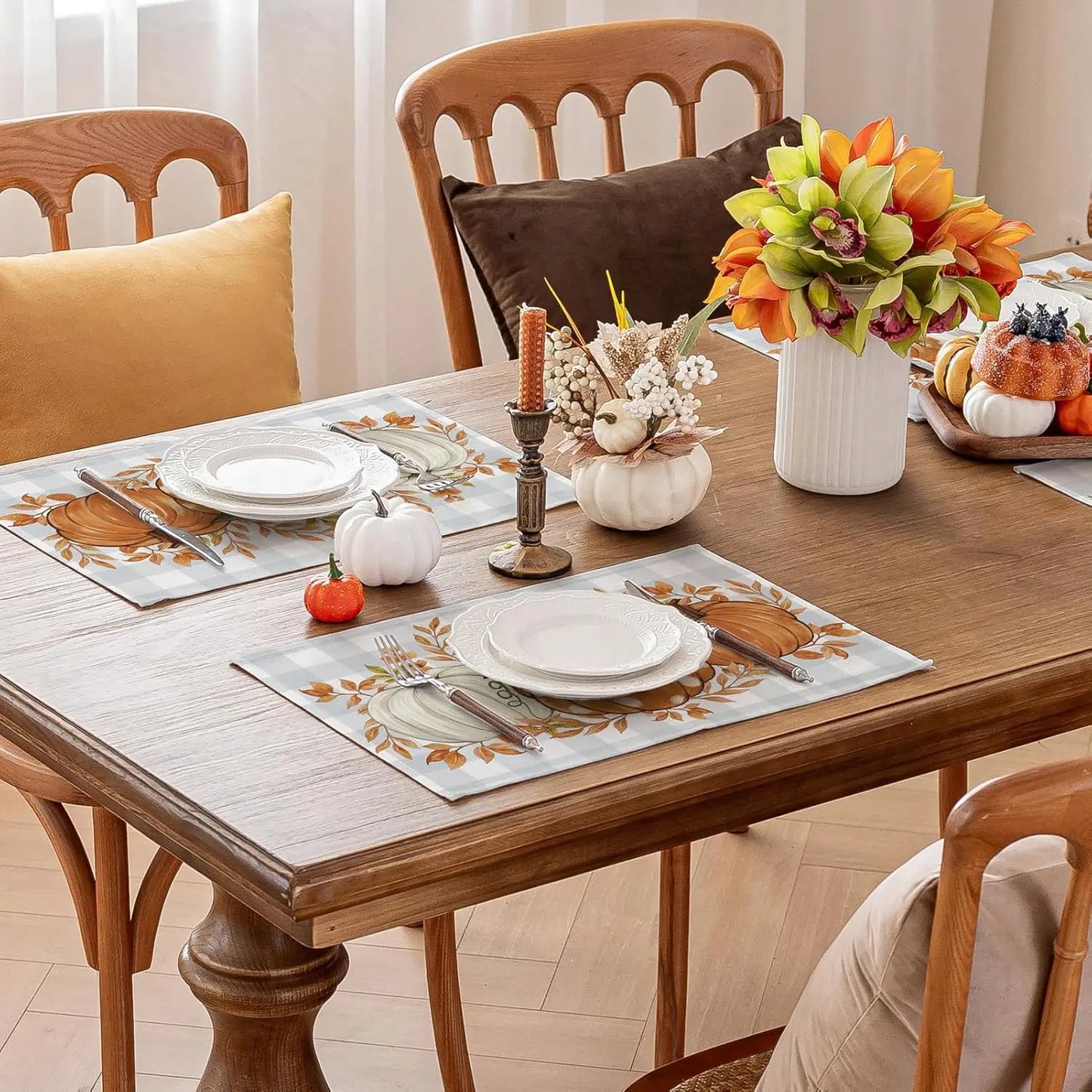 Fall Placemats Set of 4-12 X 18 Inch - Thanksgiving Autumn Harvest Pumpkin Buffalo Plaid Place Mats, Stain Resistant Wipeable Ta
