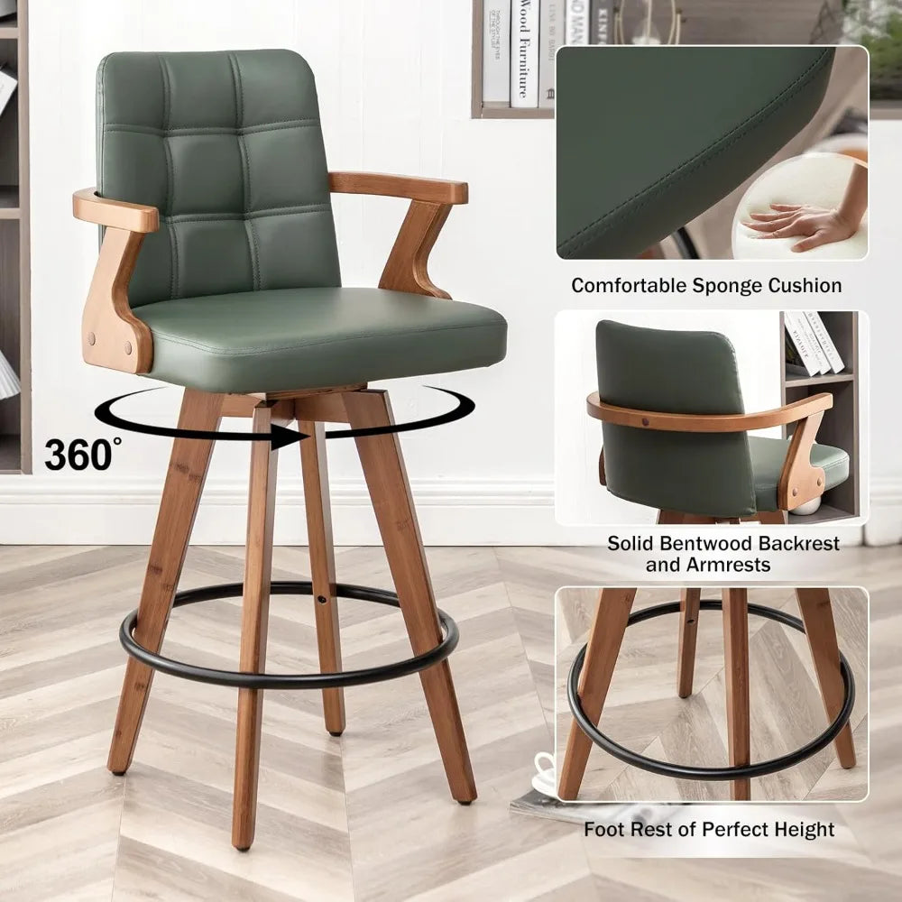 26” Counter Height Bar Stools,Leather Upholstered Bar Chair, Swivel Bar Stools with Back and Arms，Industrial Style Barstool Se