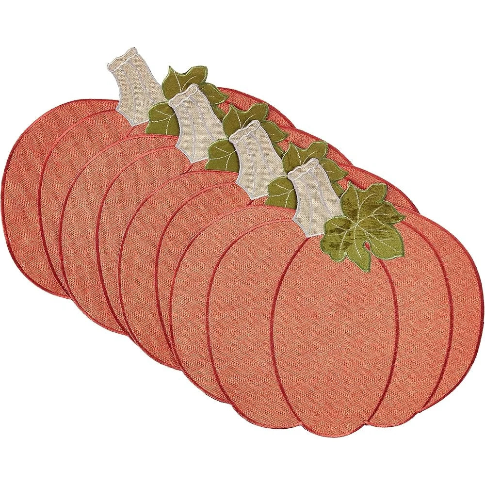 Thanksgiving Harvest Pumpkin Pattern Polyester Applique Embroidered Burlap Placemats Set of 4 Decorative Table Decor 12x18 Inch