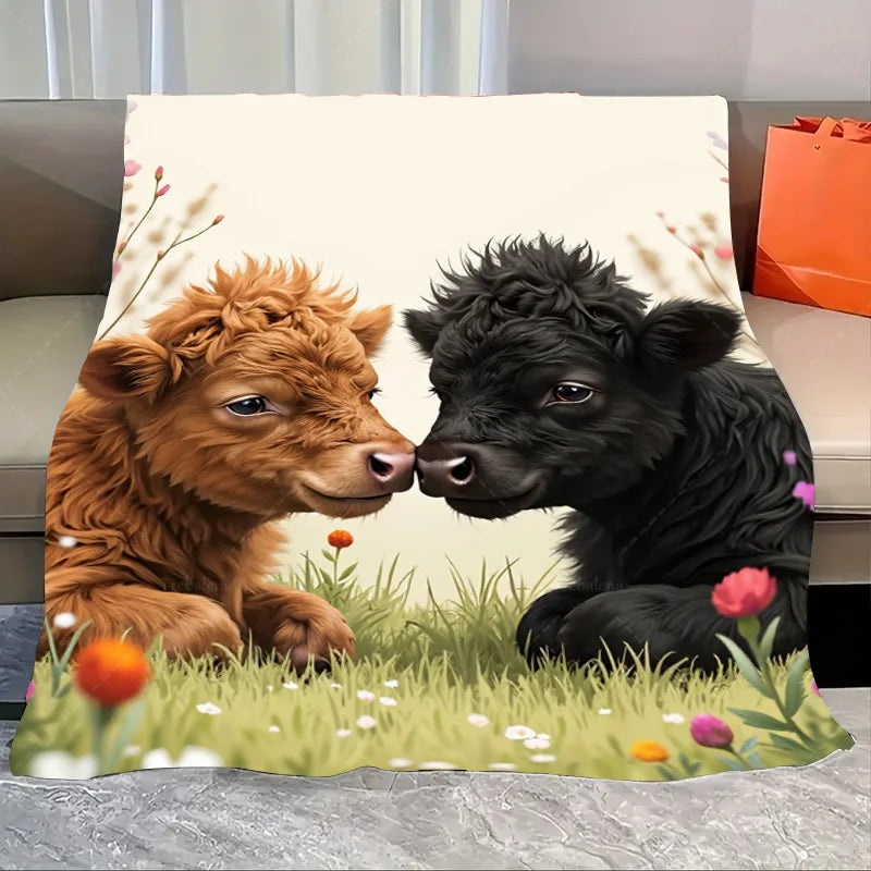 1pc Flannel Blanket Autumn Highland Cattle Blanket - Cozy Fall Farmhouse Style Throw