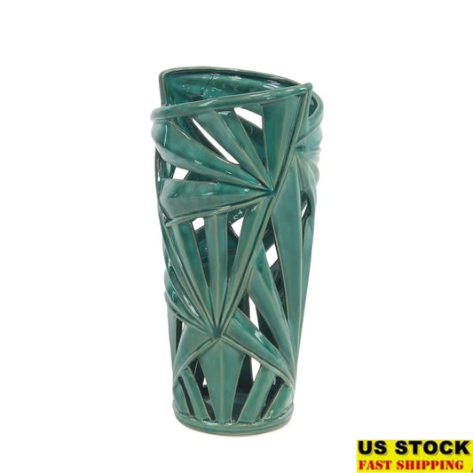 Modern Green Stoneware Vase with Triangular Cut Out Designs Home Decoration Indoor Use Glossy Finish Elegant Accent Piece