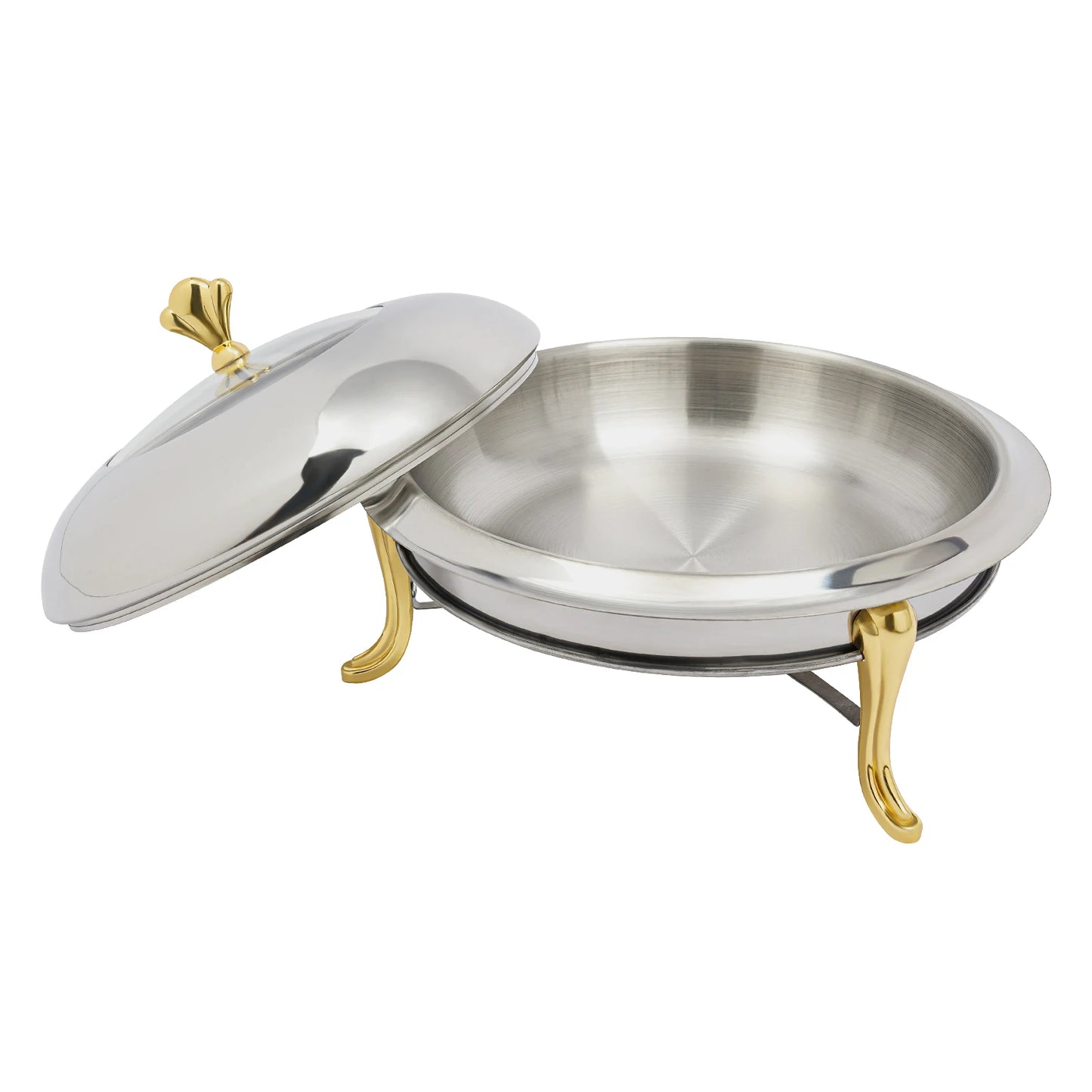Stainless Steel Hot Pot Buffet Stove Round Without Ear, Dry Warmer Chafing Dish Kitchen Set with Glass Viewing Lid (Golden 24cm)