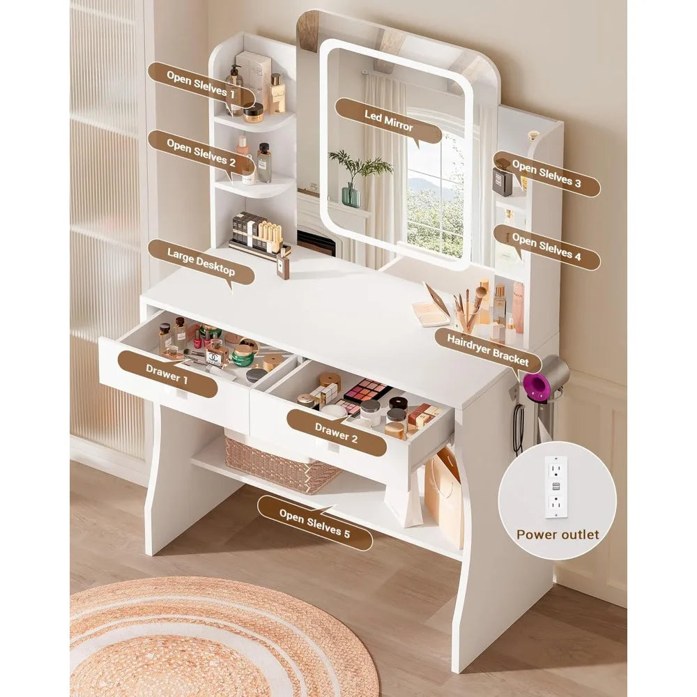 Dressing Table with Smart LED Mirror - Small Vanity Desk, 2 Drawers, 5 Shelves & Power Outlet