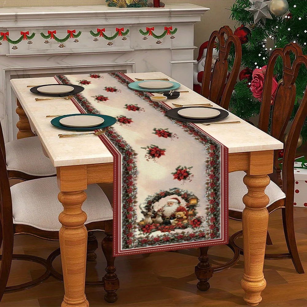 Christmas Table Runner with Santa Claus, Deer & Poinsettia Pattern, Multiple Sizes, for Christmas Home Decoration and Gifts