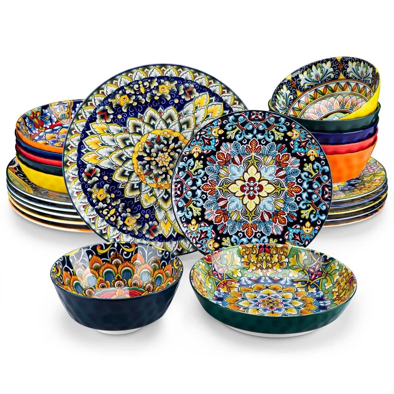 Malacasa Bohemia Retro Ceramic Dinnerware Set Free US Shipping Healthy & Non-Toxic Vibrant Colors 12/16/24 Pieces Plates Bowls